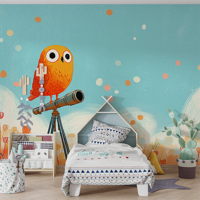 Kids room wallpaper | Curious orange owl on a telescope in a colorful field