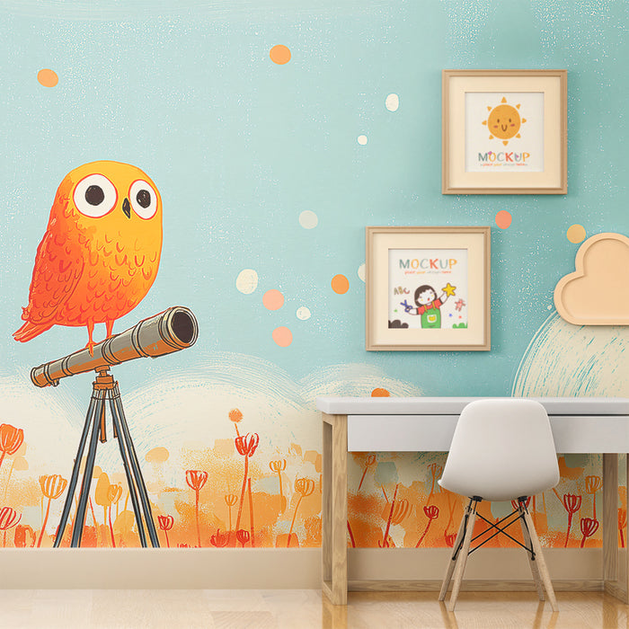 Kids room wallpaper | Curious orange owl on a telescope in a colorful field