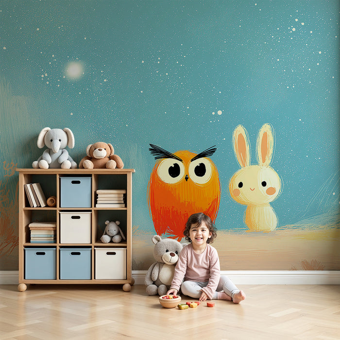 Kinderzimmer Tapete | Orange Eule und Hase in einem Sternenhimmel