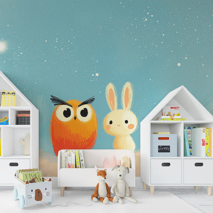 Kinderzimmer Tapete | Orange Eule und Hase in einem Sternenhimmel