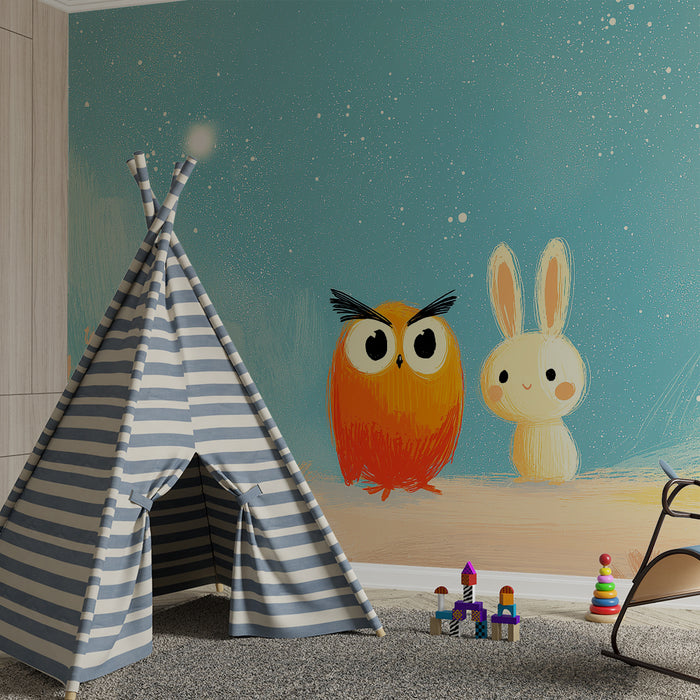 Kinderzimmer Tapete | Orange Eule und Hase in einem Sternenhimmel