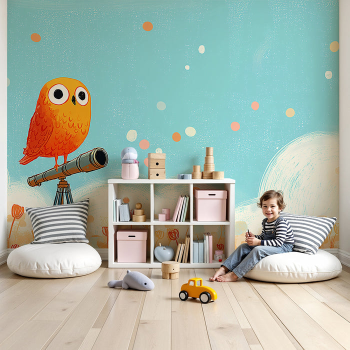 Kinderzimmer Tapete | Orange Eule auf einem Teleskop in einem Feld bunter Blumen