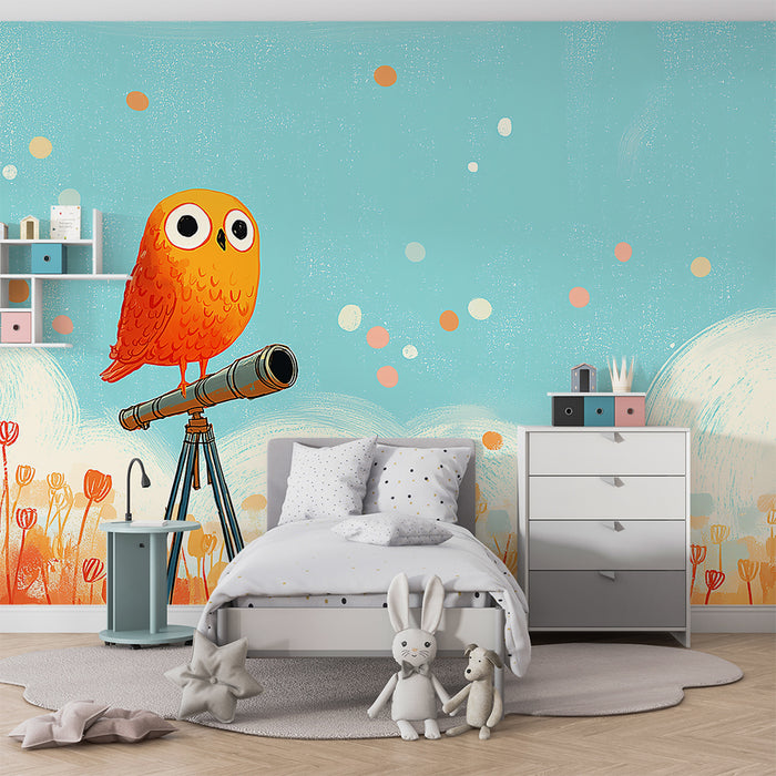 Kinderzimmer Tapete | Orange Eule auf einem Teleskop in einem Feld bunter Blumen