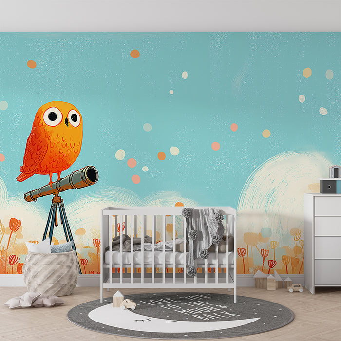 Kinderzimmer Tapete | Orange Eule auf einem Teleskop in einem Feld bunter Blumen