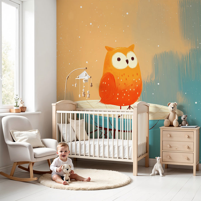Papier peint chambre enfant | Hibou orange sur un satellite sous un ciel étoilé