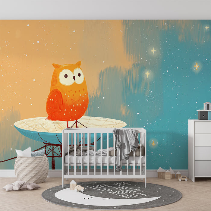 Papier peint chambre enfant | Hibou orange sur un satellite sous un ciel étoilé