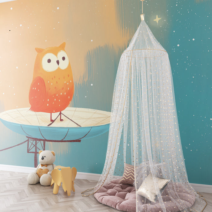 Papier peint chambre enfant | Hibou orange sur un satellite sous un ciel étoilé