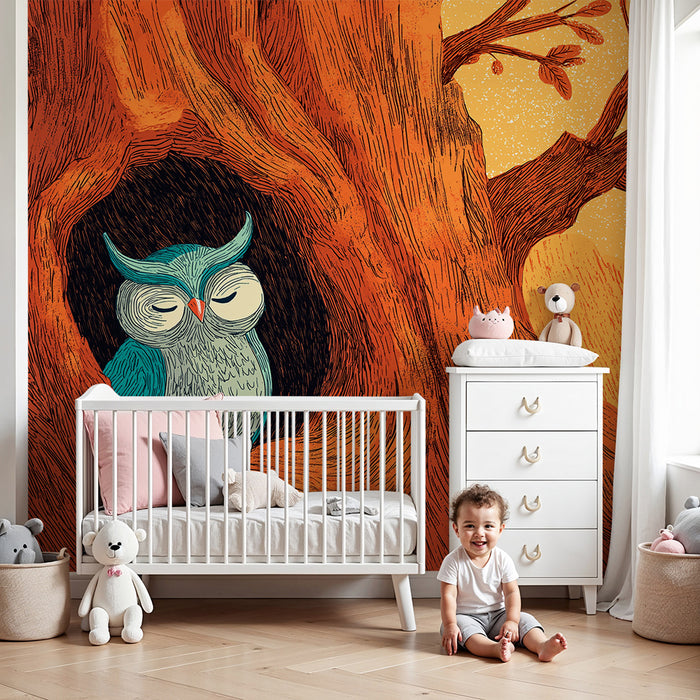 Kinderzimmer Tapete | Friedliche Eule in einem Baum in herbstlichen Farben