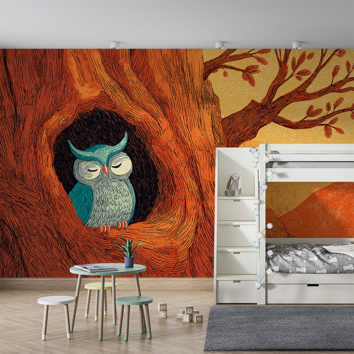 Kinderzimmer Tapete | Friedliche Eule in einem Baum in herbstlichen Farben