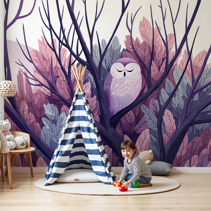 Kinderzimmer Tapete | Friedliche Eule in sanften, bunten Blättern