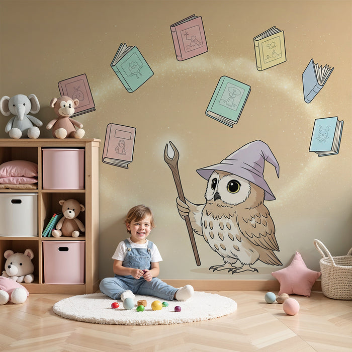 Carta da parati bambini | Gufo stregone e libri magici fluttuanti
