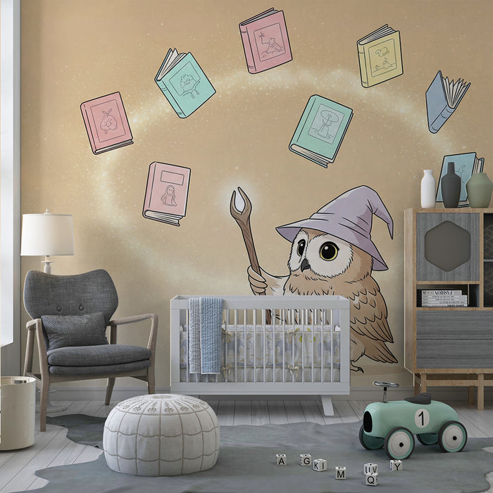 Carta da parati bambini | Gufo stregone e libri magici fluttuanti