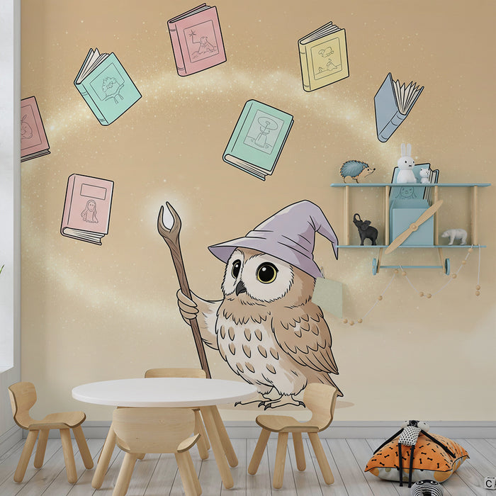 Carta da parati bambini | Gufo stregone e libri magici fluttuanti