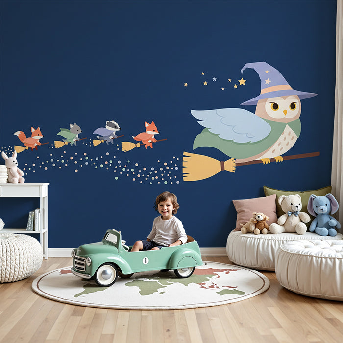 Papel pintado infantil | Búho mago y sus amigos animales paseando mágicamente
