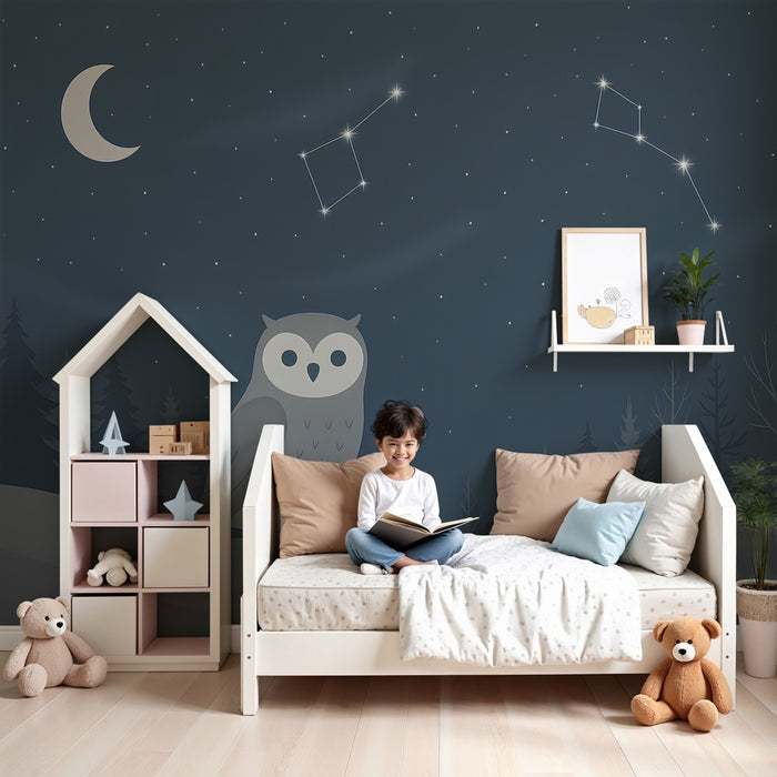 Papier peint chambre enfant | Hibou sous un ciel étoilé