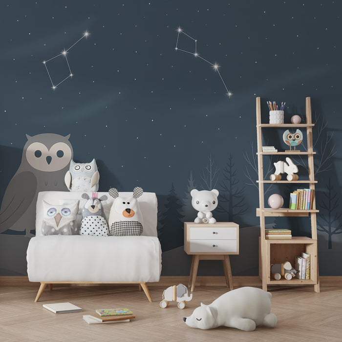 Papier peint chambre enfant | Hibou sous un ciel étoilé