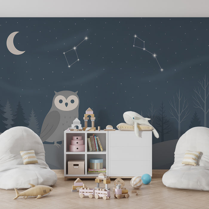 Papier peint chambre enfant | Hibou sous un ciel étoilé