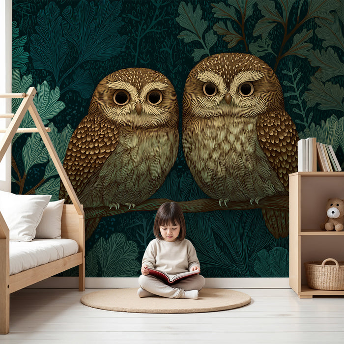 Kids room wallpaper | Armsome owls perched on a branch in the middle of lush vegetation