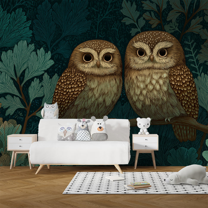 Kids room wallpaper | Armsome owls perched on a branch in the middle of lush vegetation