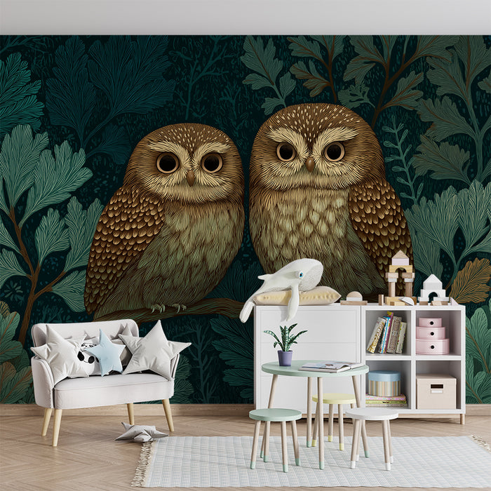 Kids room wallpaper | Armsome owls perched on a branch in the middle of lush vegetation