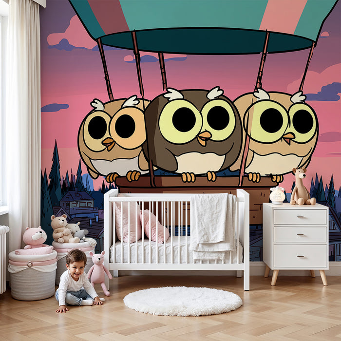 Kinderkamer behang | Grappige uilen in een luchtballon tegen een zonsondergang achtergrond