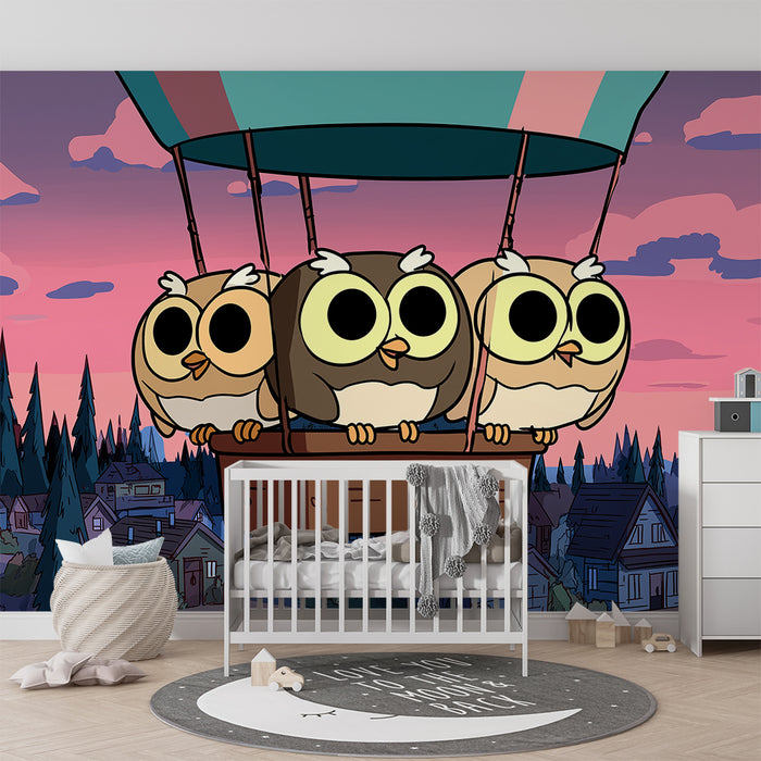 Kinderkamer behang | Grappige uilen in een luchtballon tegen een zonsondergang achtergrond