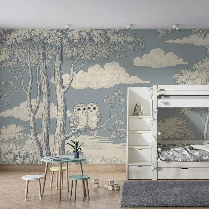Behang kinderkamer | Uilen knus bij elkaar in een rustgevend natuurlandschap