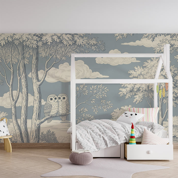 Behang kinderkamer | Uilen knus bij elkaar in een rustgevend natuurlandschap