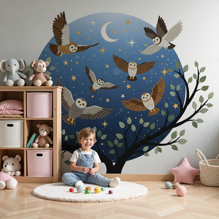Gyermekszoba tapéta | Baglyok csillagos égboltban egy pompás fa mellett