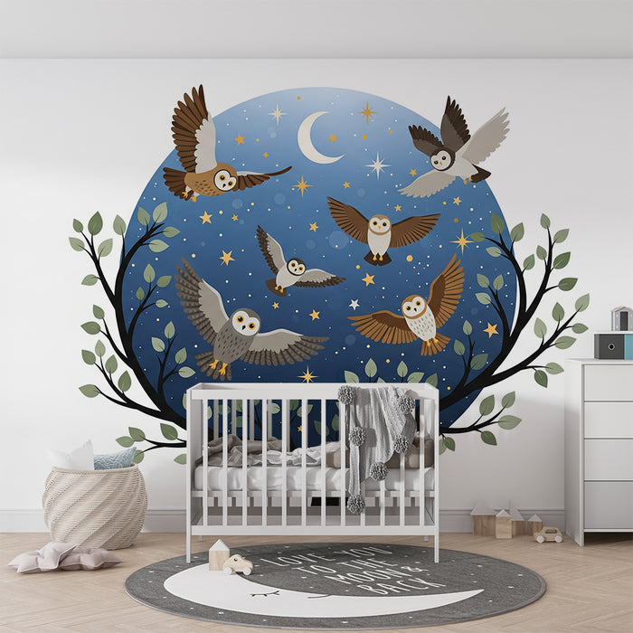 Gyermekszoba tapéta | Baglyok csillagos égboltban egy pompás fa mellett