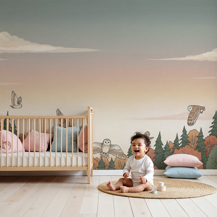 Kids room wallpaper | Öökullid lendavad hämaruses värvikas metsas