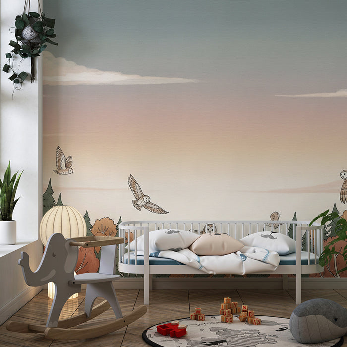 Kids room wallpaper | Öökullid lendavad hämaruses värvikas metsas