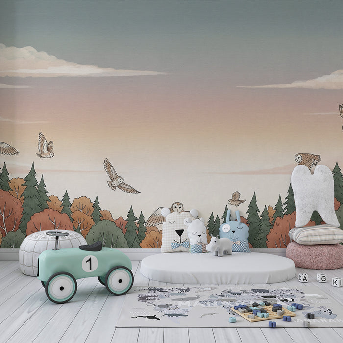 Kids room wallpaper | Öökullid lendavad hämaruses värvikas metsas