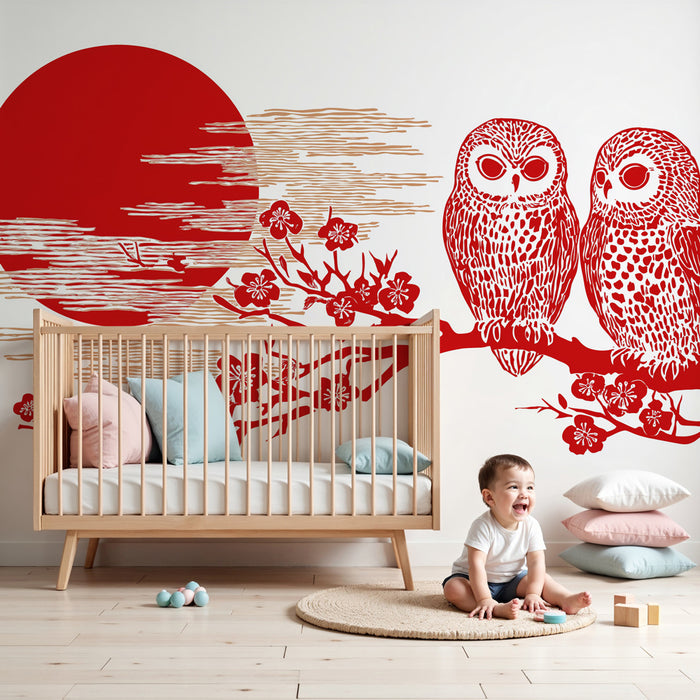Papier peint chambre enfant | Hiboux et cerisiers japonais