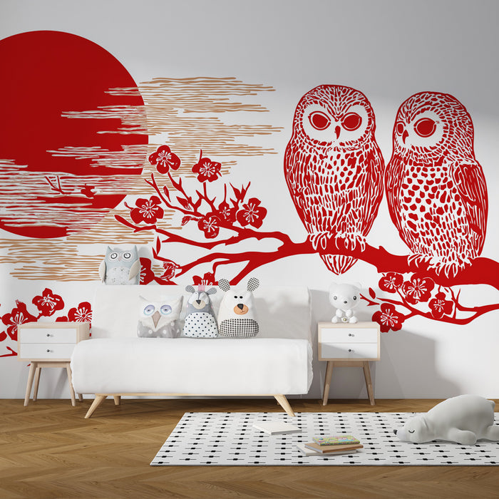 Papier peint chambre enfant | Hiboux et cerisiers japonais