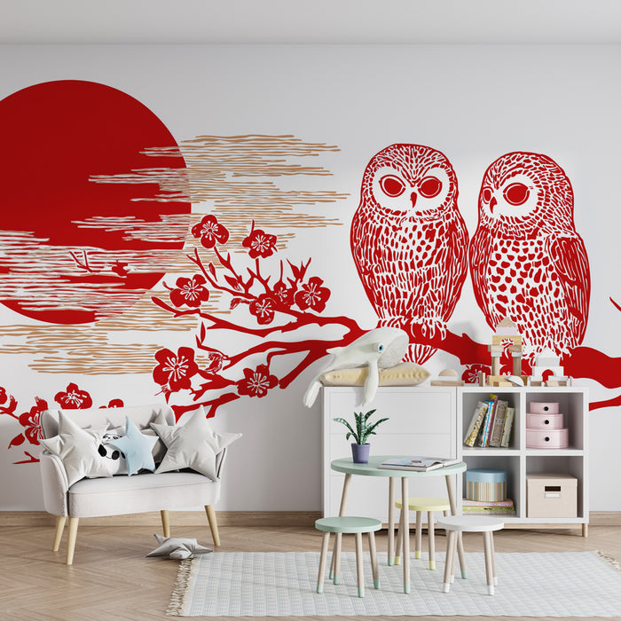 Papier peint chambre enfant | Hiboux et cerisiers japonais