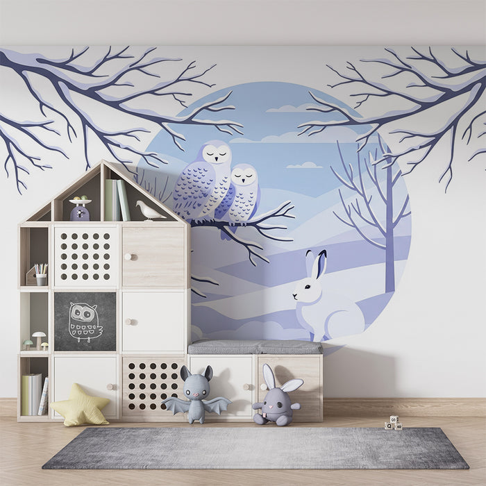 Detská izba tapeta | Sovy a zajac v upokojujúcej zimnej krajine