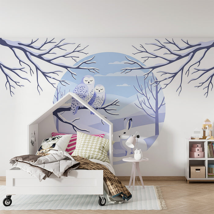 Detská izba tapeta | Sovy a zajac v upokojujúcej zimnej krajine