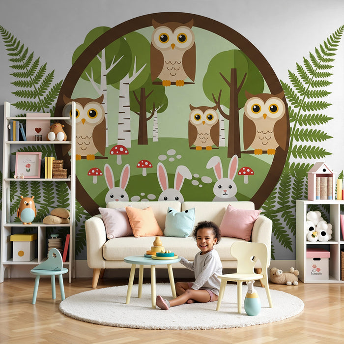 Χαρτί τοίχου παιδικό δωμάτιο | Κουκουβάγια και κουνέλια σε μια μαγική δάσος