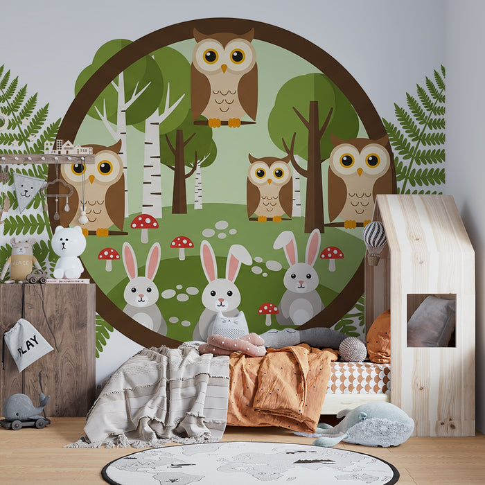 Χαρτί τοίχου παιδικό δωμάτιο | Κουκουβάγια και κουνέλια σε μια μαγική δάσος