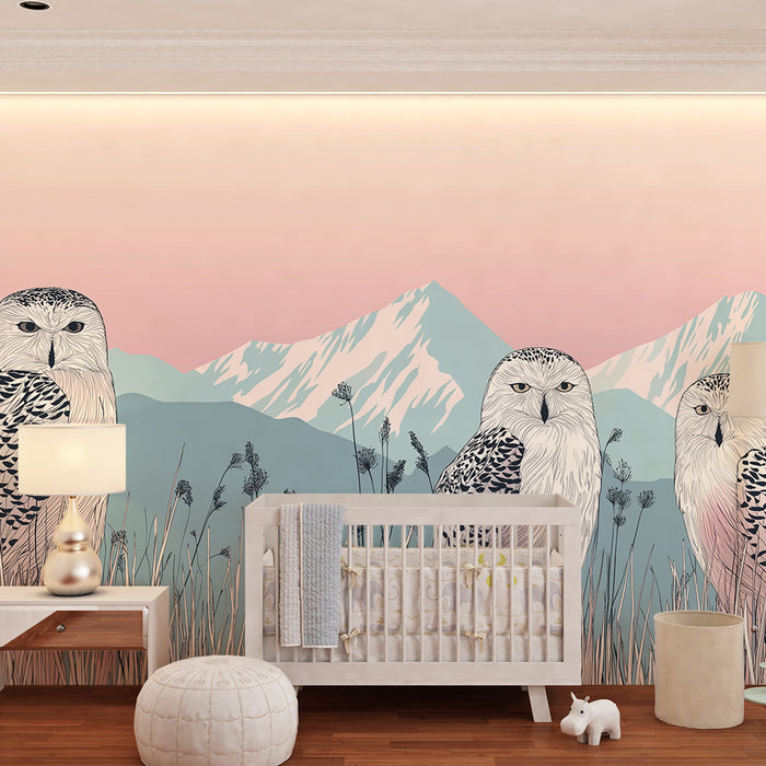 Kinderzimmer Tapete | Majestätische Eulen in einer pastellfarbenen Berglandschaft