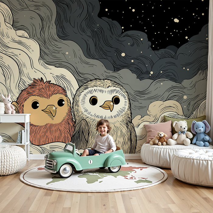 Papier peint chambre enfant | Hiboux mignons dans un ciel étoilé