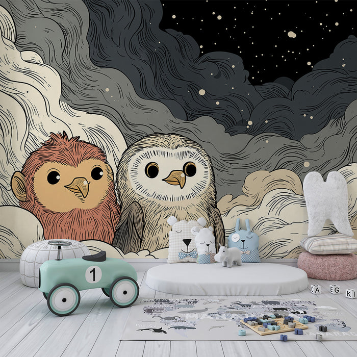 Papier peint chambre enfant | Hiboux mignons dans un ciel étoilé