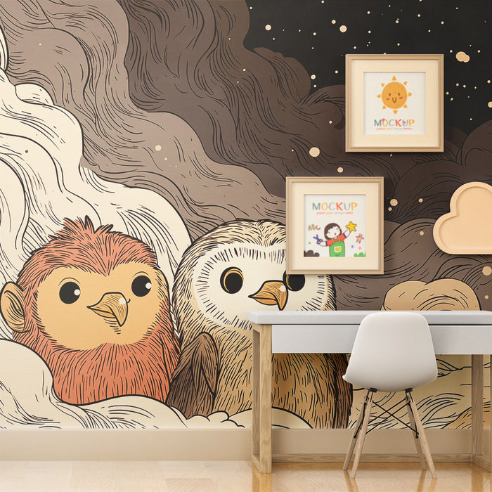 Papier peint chambre enfant | Hiboux mignons dans un ciel étoilé
