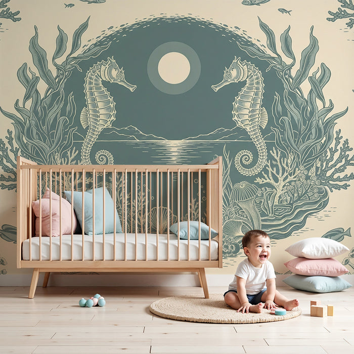 Papier peint chambre enfant | Hippocampes et coraux dans un univers marin apaisant