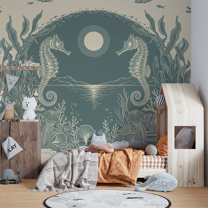 Papier peint chambre enfant | Hippocampes et coraux dans un univers marin apaisant