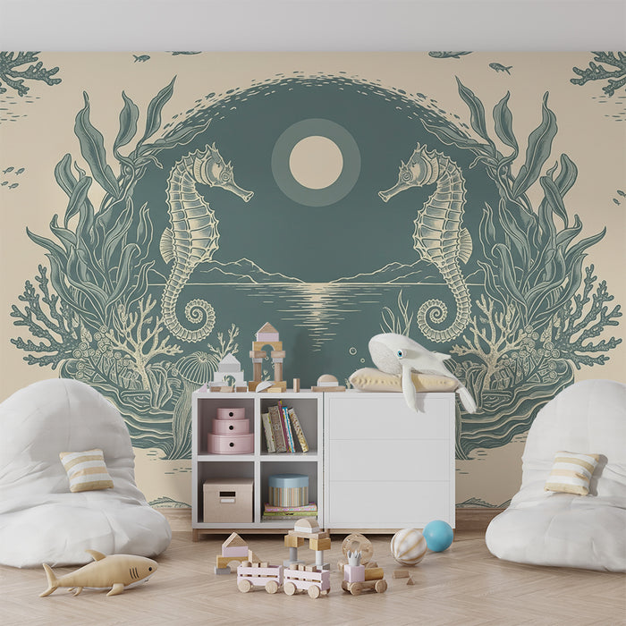 Papier peint chambre enfant | Hippocampes et coraux dans un univers marin apaisant