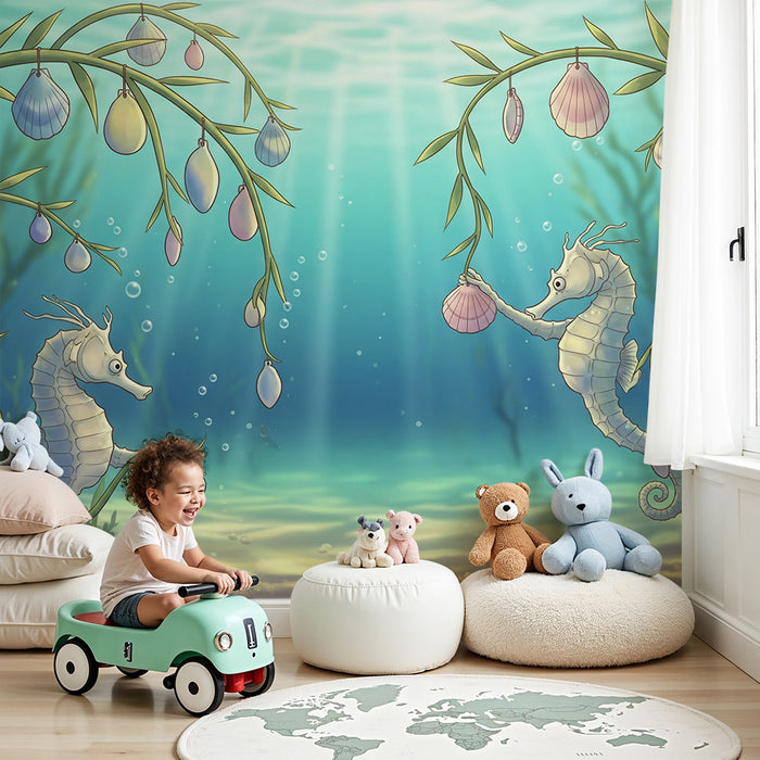 Kinderzimmer Tapete | Spielende Seepferdchen in einer bunten Unterwasserwelt