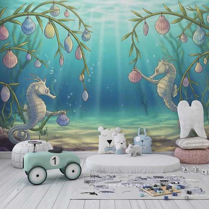 Kinderzimmer Tapete | Spielende Seepferdchen in einer bunten Unterwasserwelt