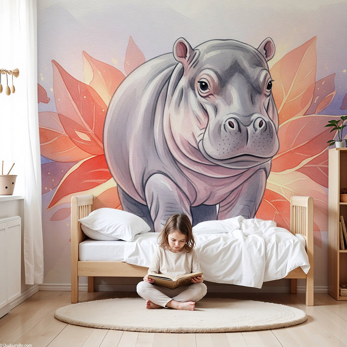 Kinderzimmer Tapete | Geliebtes Nilpferd in einer Blumendekoration